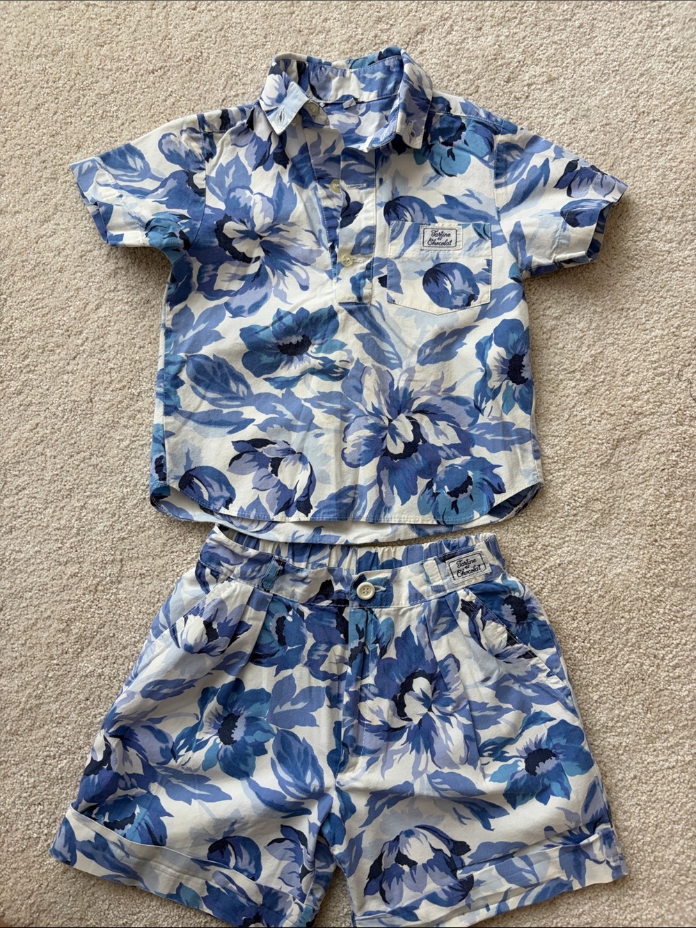 Blue Floral Kids Matching Set - Short Sleeve Shirt & Shorts